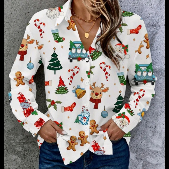 Casual Simple Christmas Element Open Cardigan Long Sleeve Women Shirt - Picture 2 of 5